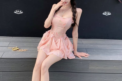 Print Spaghetti Floral Dress Mini A-Line Strap Shirred