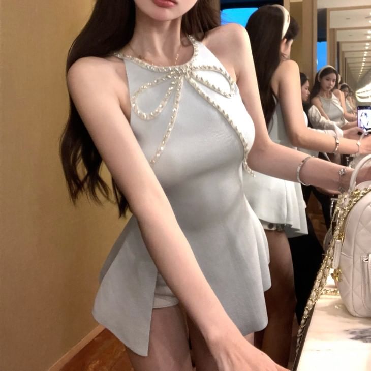 Halter-Neck Mini Rhinestone Dress Bow Slit A-Line