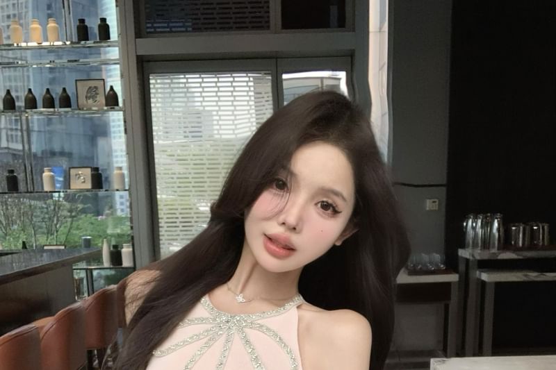 Halter-Neck Mini Rhinestone Dress Bow Slit A-Line