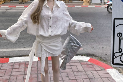 Floral Puff-Sleeve Dress A-Line Button-Up Embroidered Mini Tie-Side