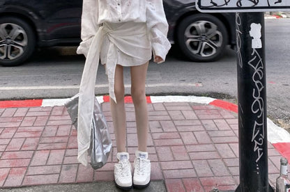 Floral Puff-Sleeve Dress A-Line Button-Up Embroidered Mini Tie-Side