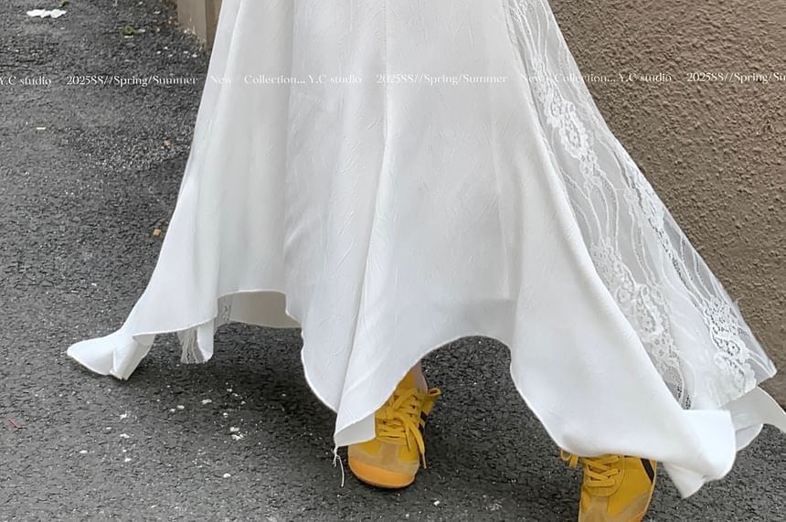 High Skirt Rise Panel Lace Mermaid Midi Asymmetrical