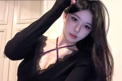 V-Neck Top Long-Sleeve Tee + Trim Set: Lace Halter-Neck Crop