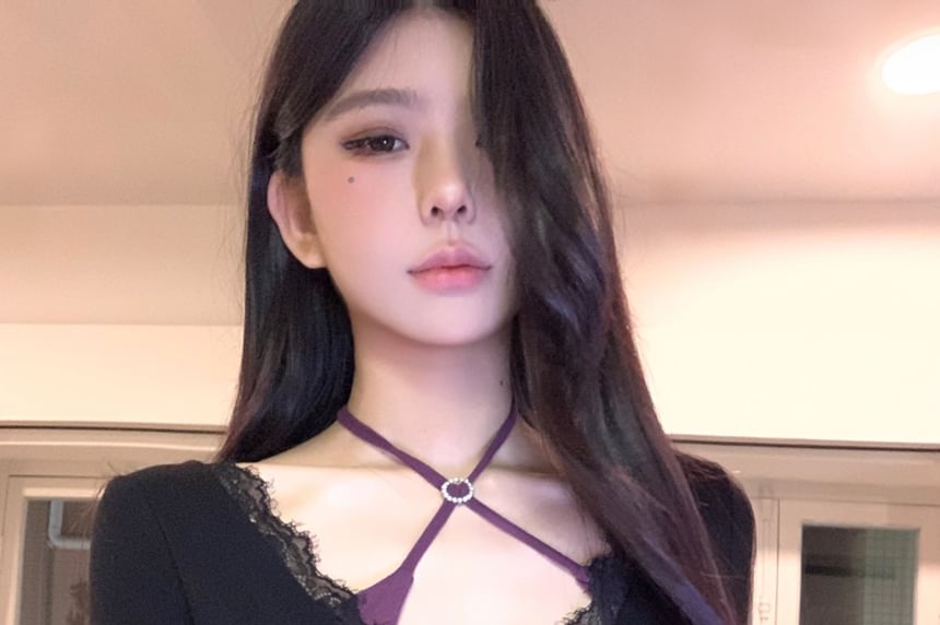 V-Neck Top Long-Sleeve Tee + Trim Set: Lace Halter-Neck Crop