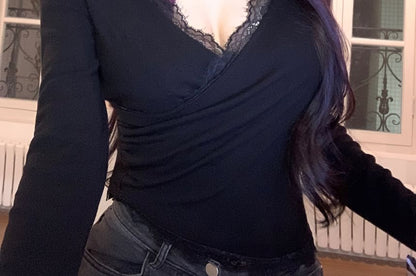 V-Neck Top Long-Sleeve Tee + Trim Set: Lace Halter-Neck Crop