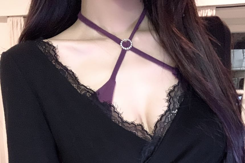 V-Neck Top Long-Sleeve Tee + Trim Set: Lace Halter-Neck Crop