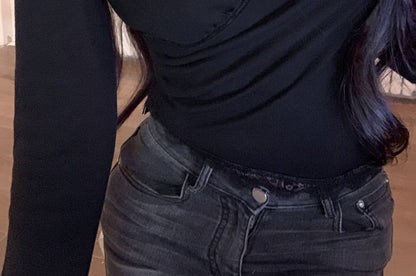 V-Neck Top Long-Sleeve Tee + Trim Set: Lace Halter-Neck Crop