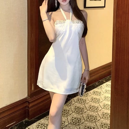 Mini Halter-Neck Dress Rhinestone A-Line Satin