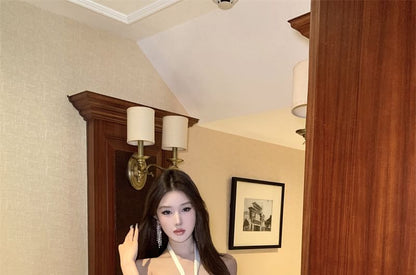 Mini Halter-Neck Dress Rhinestone A-Line Satin