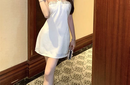 Mini Halter-Neck Dress Rhinestone A-Line Satin