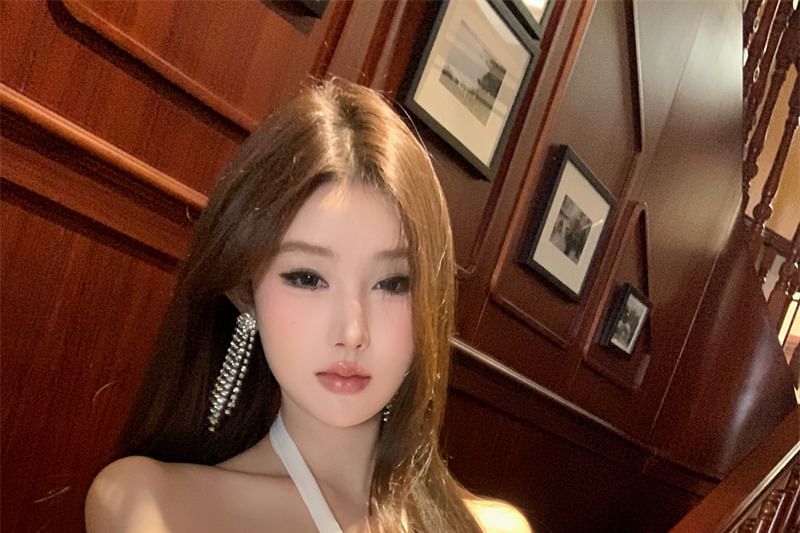 Mini Halter-Neck Dress Rhinestone A-Line Satin