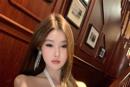 Mini Halter-Neck Dress Rhinestone A-Line Satin