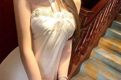 Mini Halter-Neck Dress Rhinestone A-Line Satin