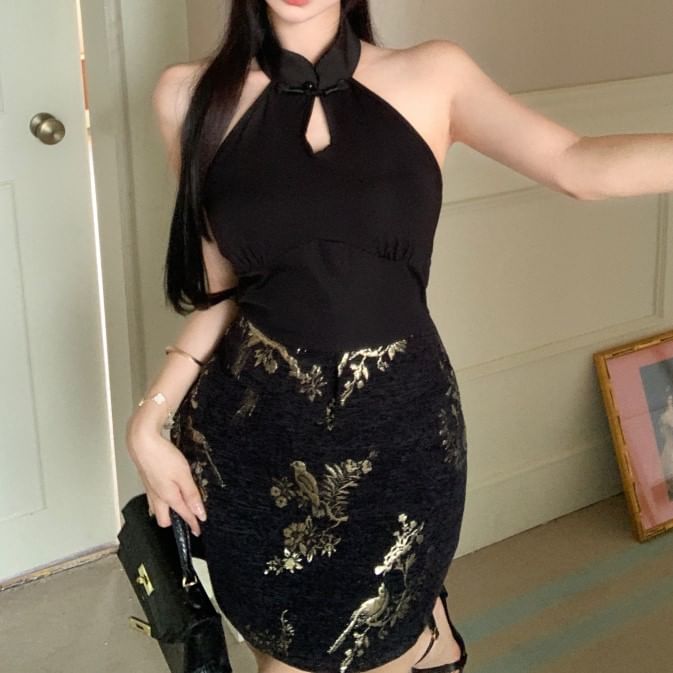 Dress Floral Keyhole Halter-Neck Bodycon Jacquard Mini