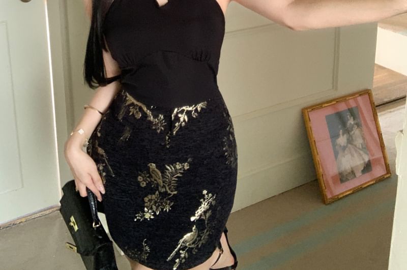 Dress Floral Keyhole Halter-Neck Bodycon Jacquard Mini