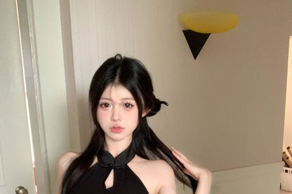 Dress Floral Keyhole Halter-Neck Bodycon Jacquard Mini