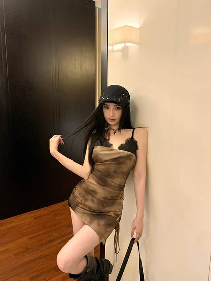 Trim Tie-Dyed Drawstring Mini Dress Spaghetti Lace Strap Bodycon