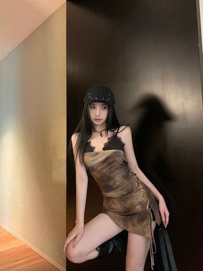 Trim Tie-Dyed Drawstring Mini Dress Spaghetti Lace Strap Bodycon