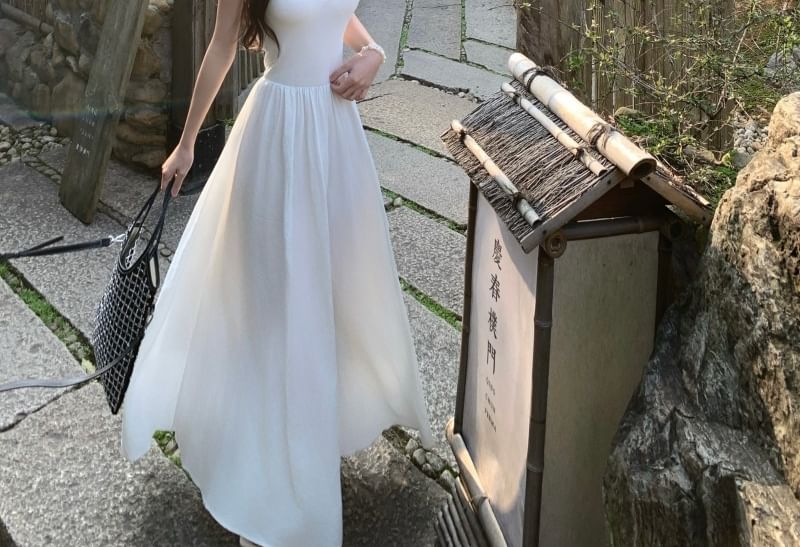 Plain Dress Strap A-Line Midi Spaghetti