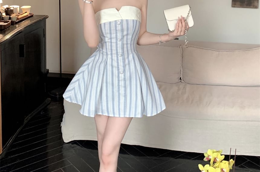 Strapless A-Line Striped Mini Dress
