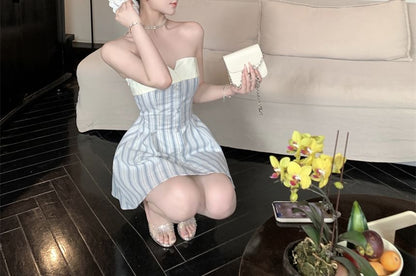 Strapless A-Line Striped Mini Dress