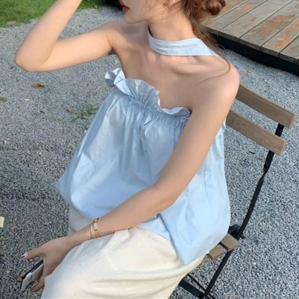 Plain Top Camisole Keyhole Ruffled Back Balloon Open