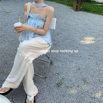 Plain Top Camisole Keyhole Ruffled Back Balloon Open