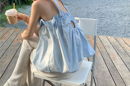 Plain Top Camisole Keyhole Ruffled Back Balloon Open