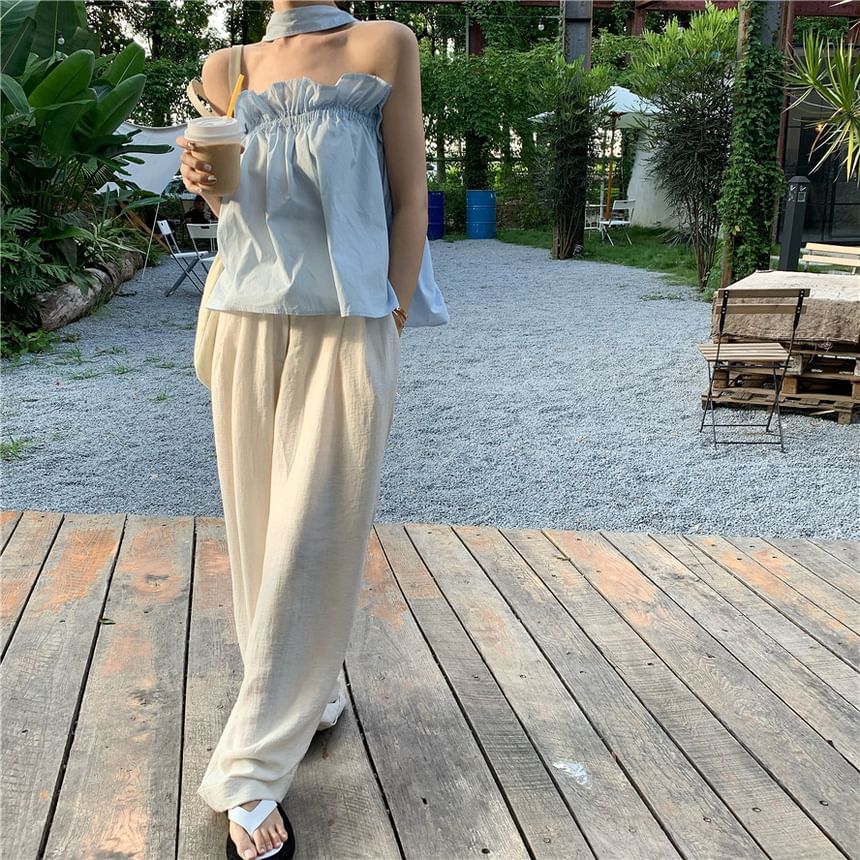 Plain Top Camisole Keyhole Ruffled Back Balloon Open