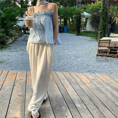 Plain Top Camisole Keyhole Ruffled Back Balloon Open