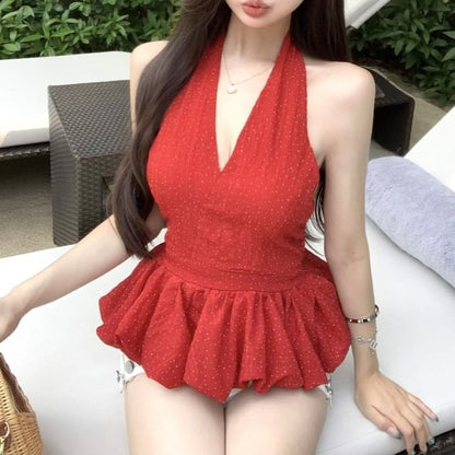 Top Plain Dotted Ruffle Hem Halter-Neck