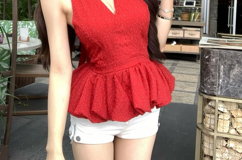 Top Plain Dotted Ruffle Hem Halter-Neck