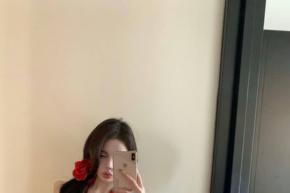 Top Plain Dotted Ruffle Hem Halter-Neck