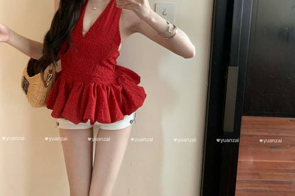 Top Plain Dotted Ruffle Hem Halter-Neck