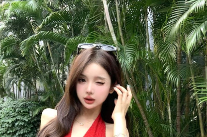 Top Plain Dotted Ruffle Hem Halter-Neck