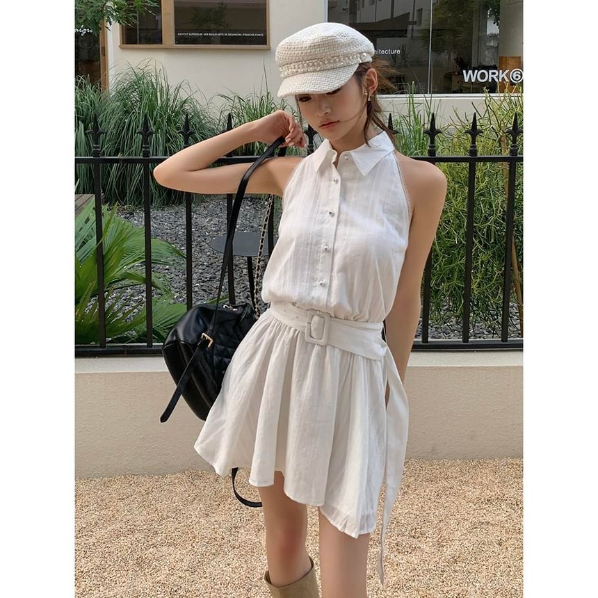 Collared Belted Mini Sleeveless Dress A-Line Striped