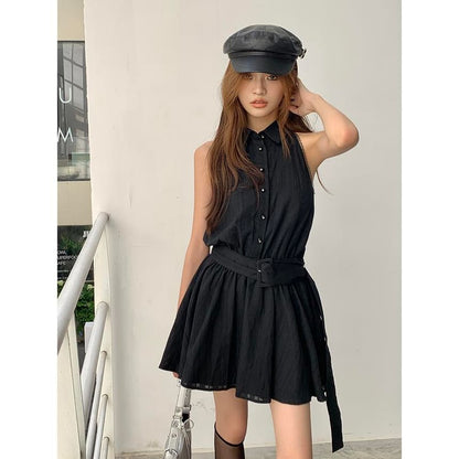 Collared Belted Mini Sleeveless Dress A-Line Striped