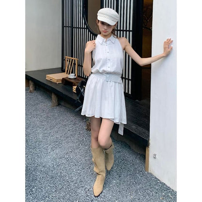 Striped Mini Belted Dress Sleeveless A-Line Collared