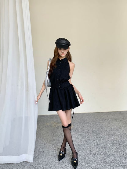 Striped Mini Belted Dress Sleeveless A-Line Collared