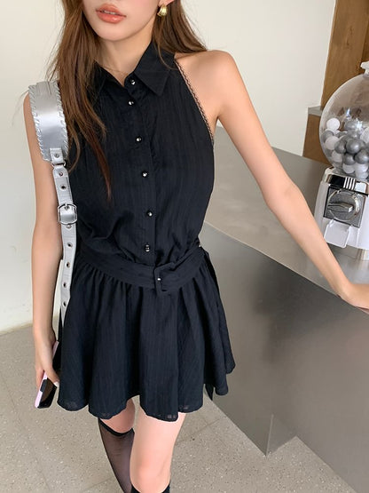 Striped Mini Belted Dress Sleeveless A-Line Collared