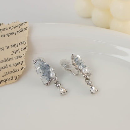 Pearl Earring / Rhinestone Butterfly Drop Clip-On Faux