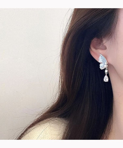 Pearl Earring / Rhinestone Butterfly Drop Clip-On Faux