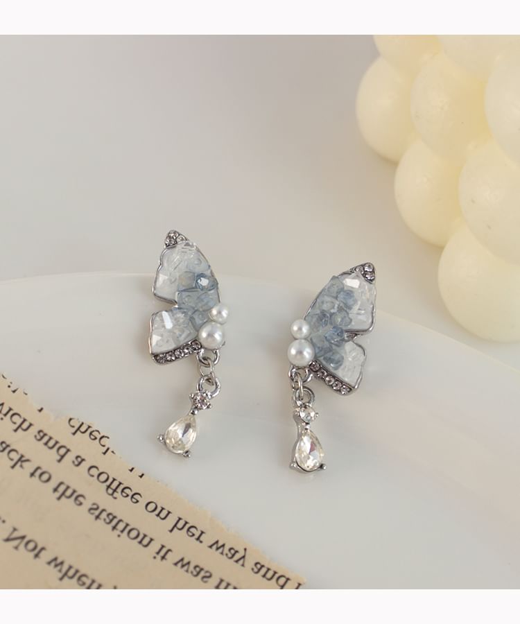 Pearl Earring / Rhinestone Butterfly Drop Clip-On Faux