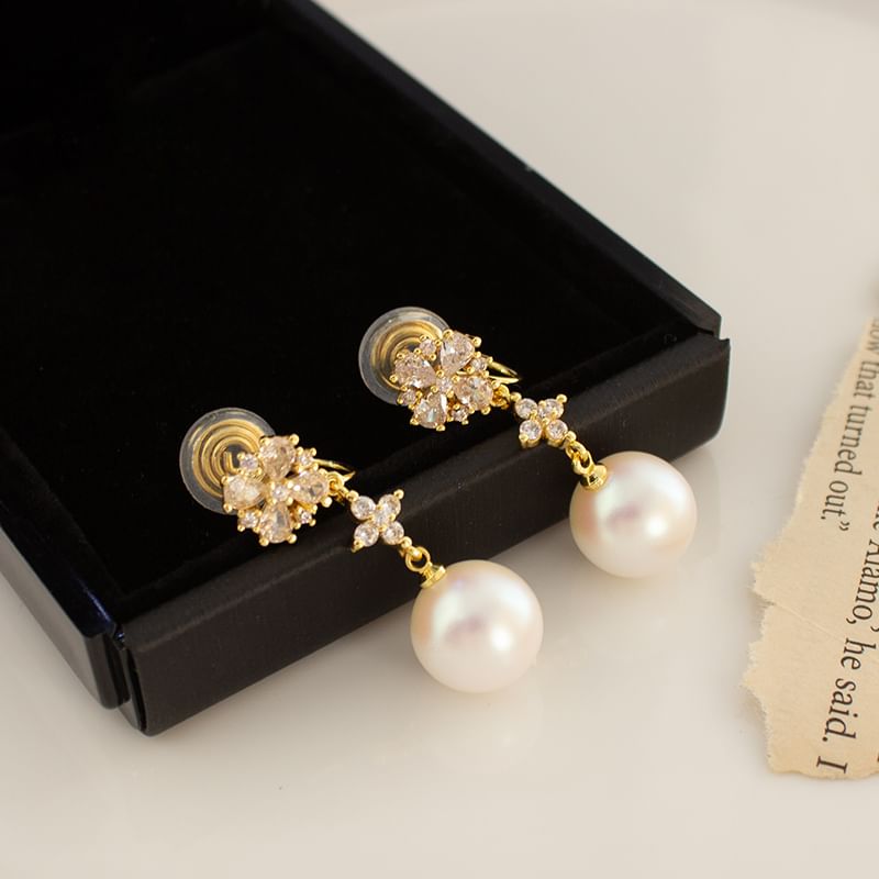 Flower / Clip-On Earring Faux Rhinestone Pearl Drop
