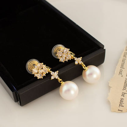 Flower / Clip-On Earring Faux Rhinestone Pearl Drop