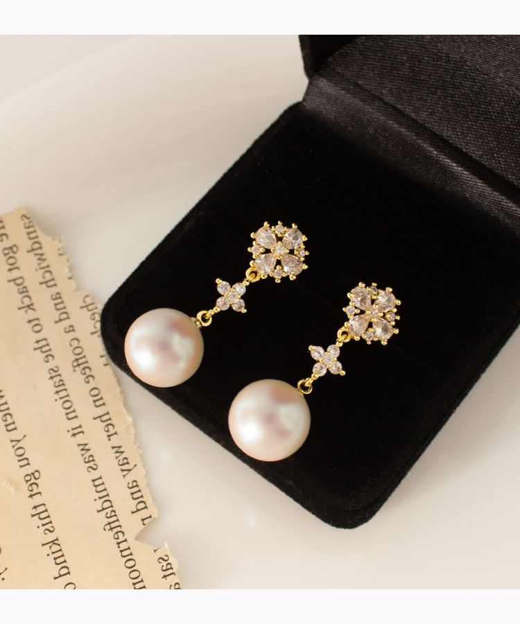 Flower / Clip-On Earring Faux Rhinestone Pearl Drop