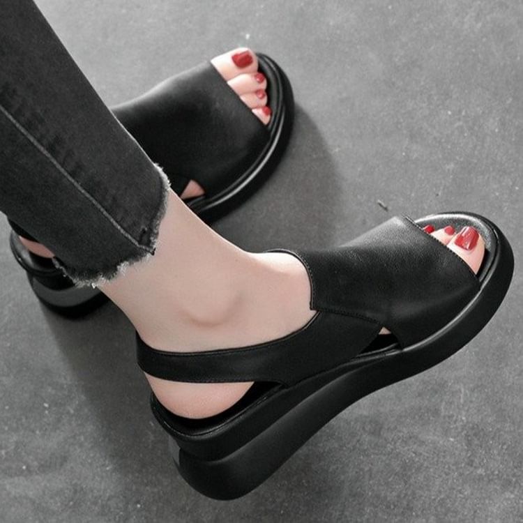 Plain Leather Slingback Wedge Sandals Heel Faux