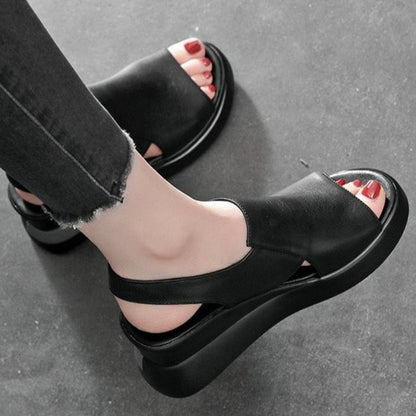 Plain Leather Slingback Wedge Sandals Heel Faux