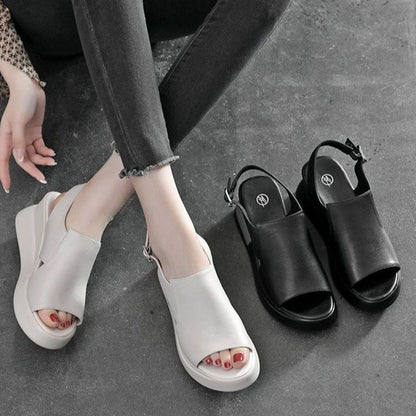 Plain Leather Slingback Wedge Sandals Heel Faux