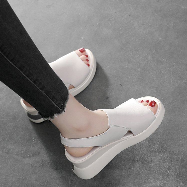 Plain Leather Slingback Wedge Sandals Heel Faux